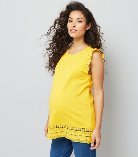 Maternity Yellow Frill Sleeve Broderie Hem Top | New Look