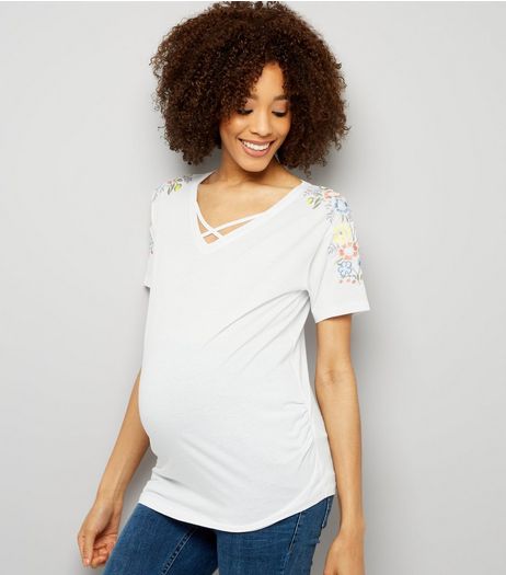 Maternity White Floral Embroidered Sleeve T-Shirt | New Look