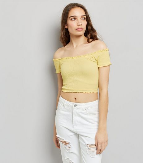 Yellow Short Sleeve Frill Trim Bardot Neck Top | New Look