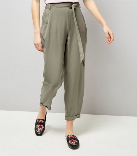Khaki Turn Up Hem Tie Waist Joggers | New Look