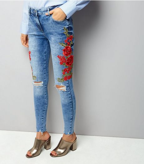Parisian Blue Floral Embroidered Side Skinny Jeans | New Look