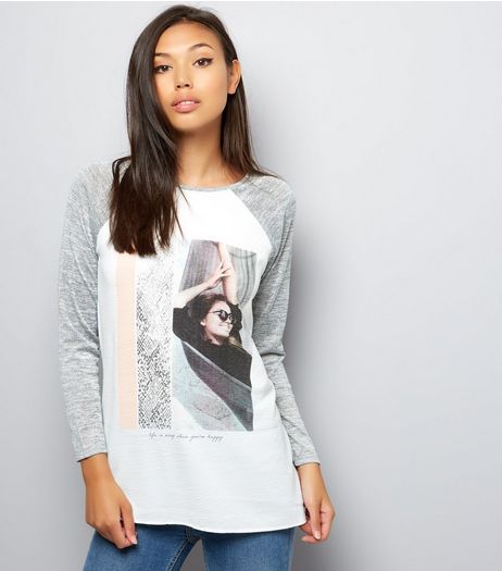 Light Grey Girl Contrast Panel Print Long Sleeve Top | New Look