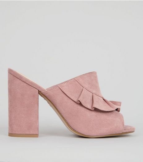 Pink Suedette Frill Trim Heeled Mules | New Look