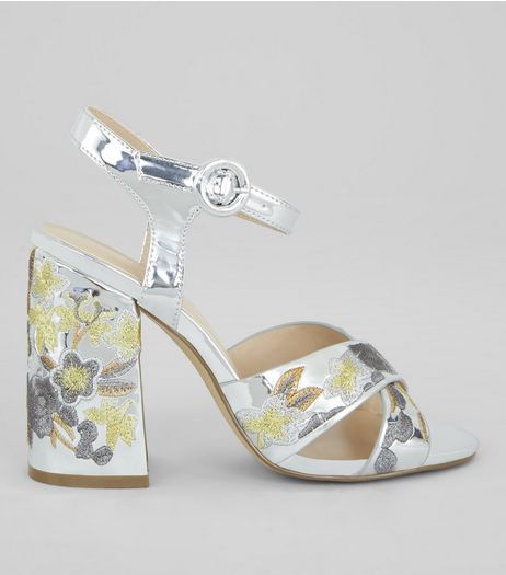 Silver Patent Floral Embroidered Heeled Sandals | New Look