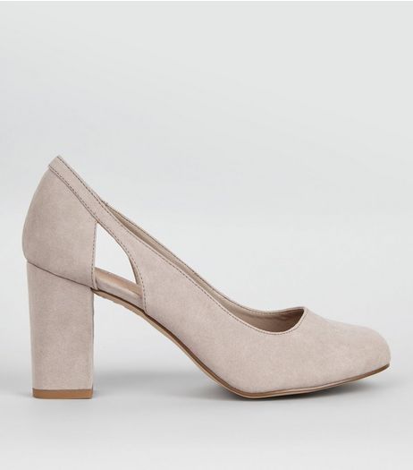 Wide Fit Grey Comfort Cut Out Side Block Heels | New Look