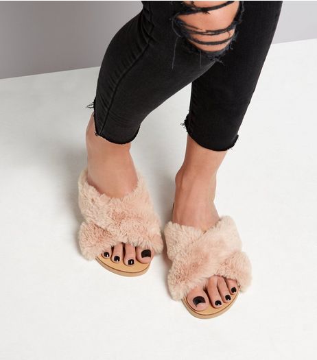 Wide Fit Pink Faux Fur Sliders | New Look