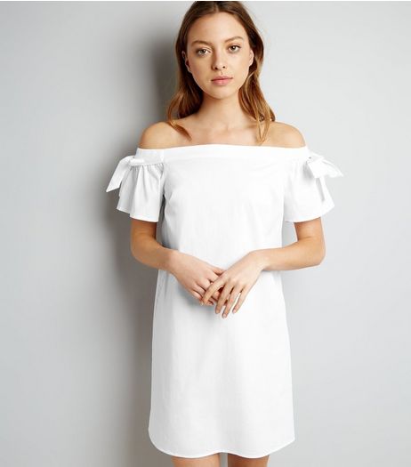 White Tie Sleeve Bardot Neck Dress | New Look