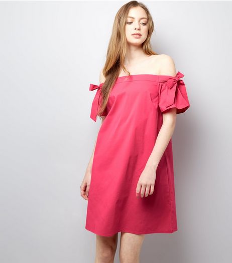 Bright Pink Tie Sleeve Bardot Neck Dress | New Look