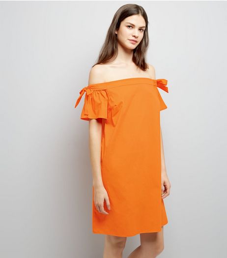 Bright Orange Tie Sleeve Bardot Neck Dress | New Look