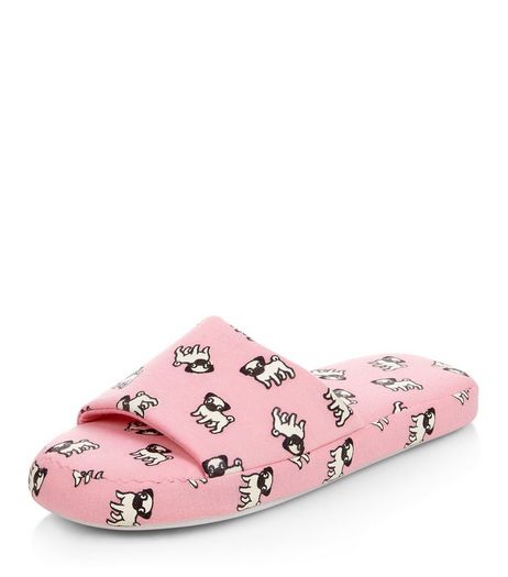 Pink Pug Print Slider Slippers | New Look