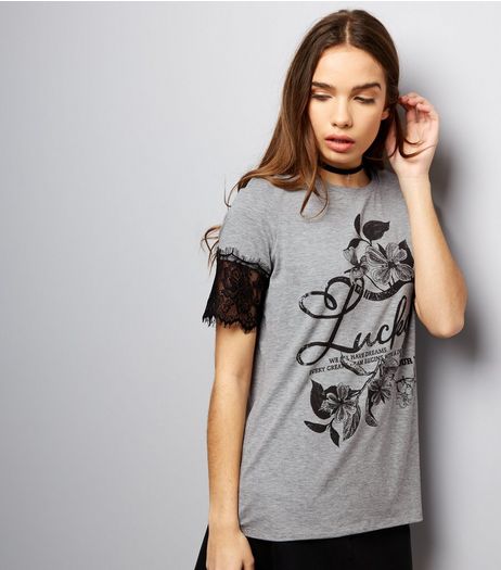 Light Grey Lucky Print Lace Trim Short Sleeve T-Shirt | New Look