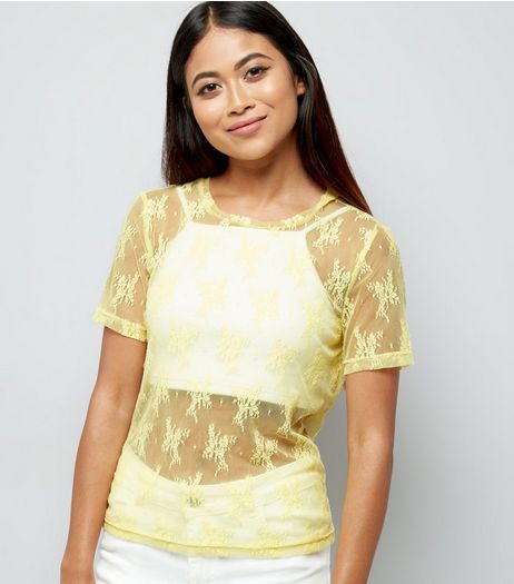 Petite Yellow Floral Lace Mesh T-Shirt | New Look