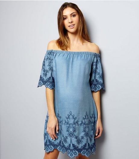 Maternity Blue Embroidered Denim Bardot Neck Dress | New Look