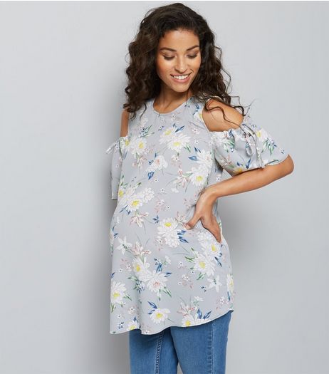 Materntiy Grey Floral Print Cold Shoulder Top | New Look