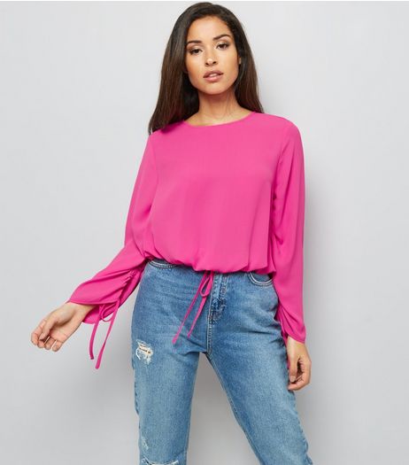 Bright Pink Ruched Tie Hem Top | New Look