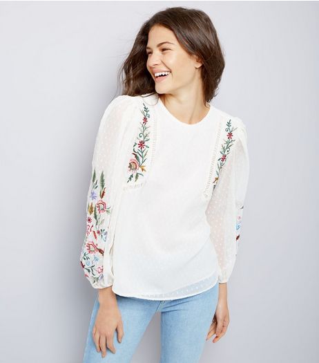 White Floral Embroidered Chiffon Top | New Look