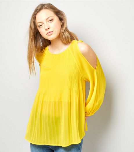 Yellow Pleated Cold Shoulder Cold Shoulder Top | New Look