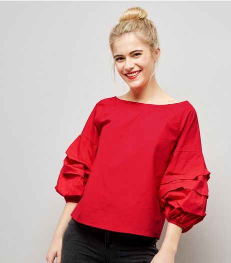 Red Gathered 3/4 Sleeve Top | New Look