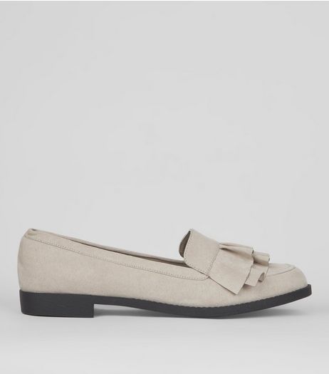 Wide Fit Grey Frill Trim Loafers | New Look