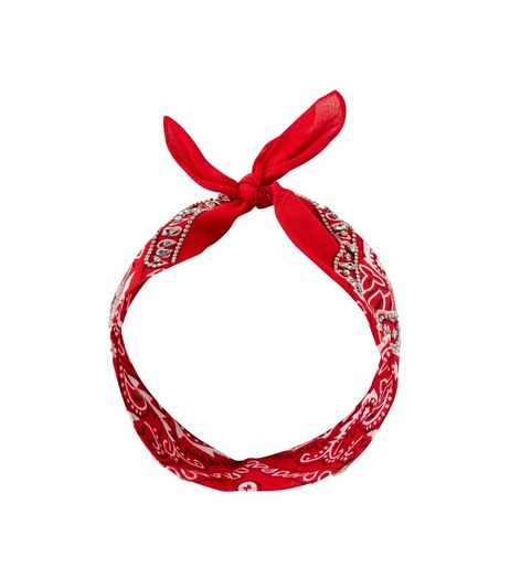 Red Crystal Embellished Paisley Print Bandana | New Look