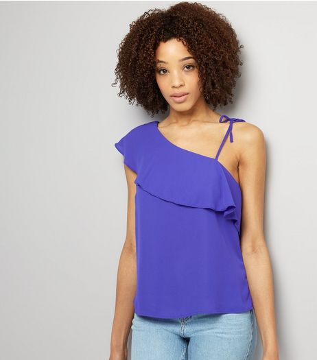 Purple Frill Trim Tie Strap Off the Shoulder Top | New Look