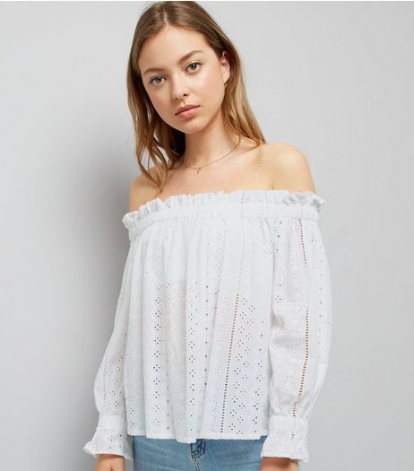 White Cut Out Embroidered Bardot Neck Top | New Look