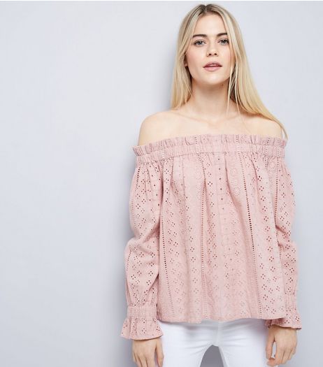 Shell Pink Broderie Bardot Top | New Look
