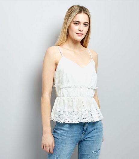 White Gathered Broderie Peplum Hem Cami | New Look