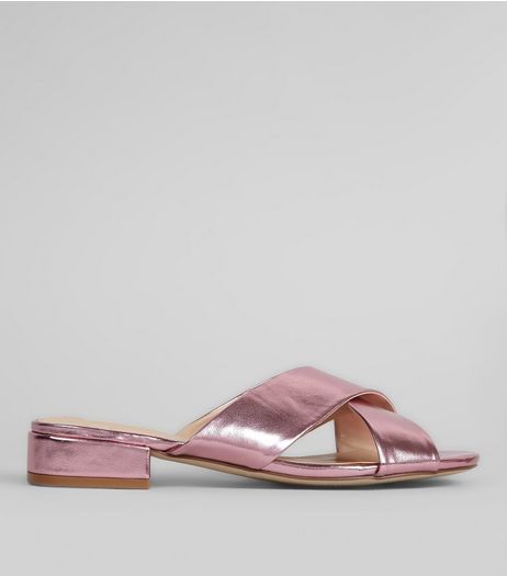 Wide Fit Pink Metallic Cross Strap Mules | New Look