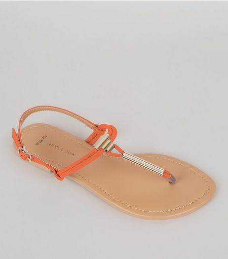 Wide Fit Orange Suedette Toe Post Sandals | New Look