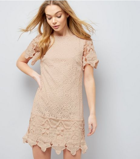 Mela Pink Navy Crochet Lace Short Sleeve Dress | New Look