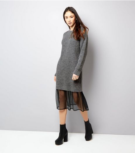 Grey Polka Dot Mesh Panel Jumper Dress | New Look