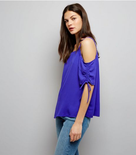 Tall Purple Ruched Sleeve Cold Shoulder Top | New Look