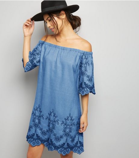 Tall Blue Embroidered Denim Bardot Neck Dress | New Look