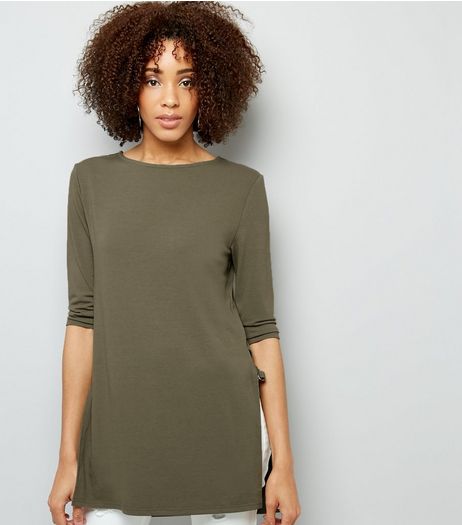 Tall Khaki Ring Trim 3/4 Sleeve Longline Top | New Look