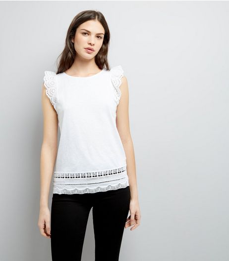 Tall White Frill Sleeve Broderie Hem Top | New Look