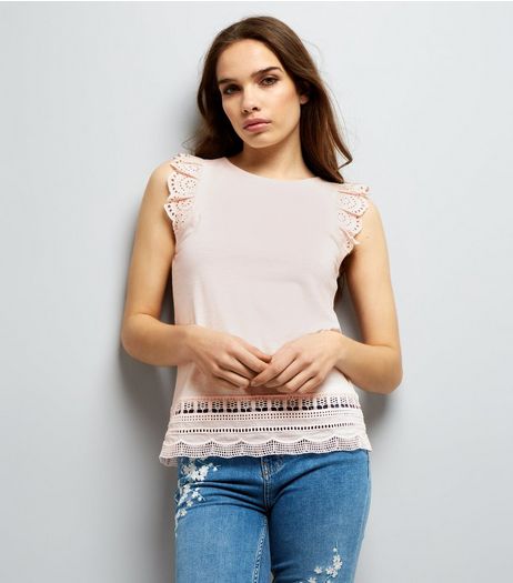 Tall Pink Frill Sleeve Broderie Hem Top | New Look