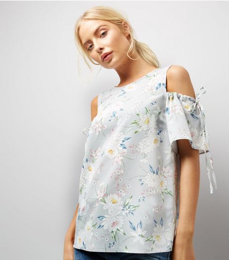 Tall Grey Floral Print Ruched Sleeve Cold Shoulder Top | New Look