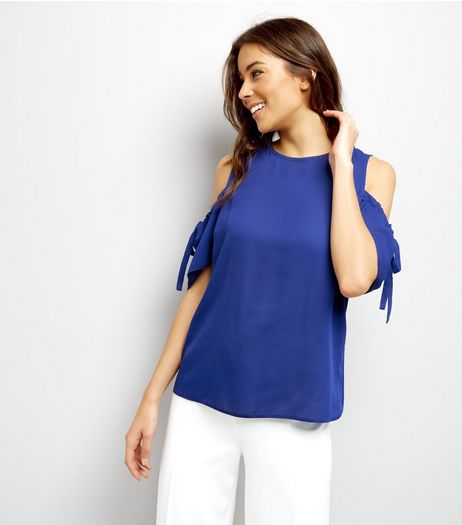 Tall Blue Ruched Tie Cold Shoulder Top | New Look