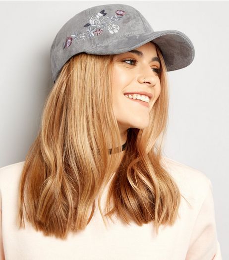 Grey Suedette Embroidered Cap | New Look