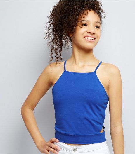 Teens Blue High Neck Cut Out Side Cami | New Look