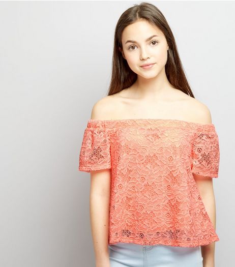 Teens Coral Lace Bardot Neck Top | New Look