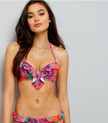 Bright Pink Tropical Print Frill Trim Plunge Bikini Top | New Look