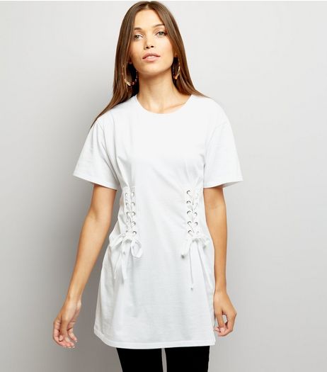 White Lace Up Corset Longline T-Shirt | New Look