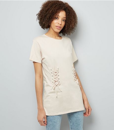 Shell Pink Lace Up Corset Longline T-Shirt | New Look