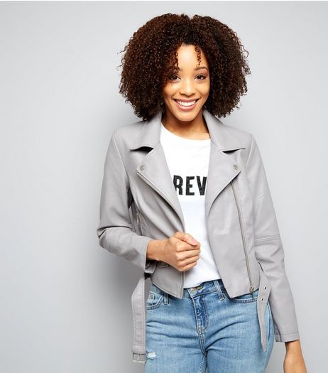 Grey Belted Leather-Look Jacket | New Look