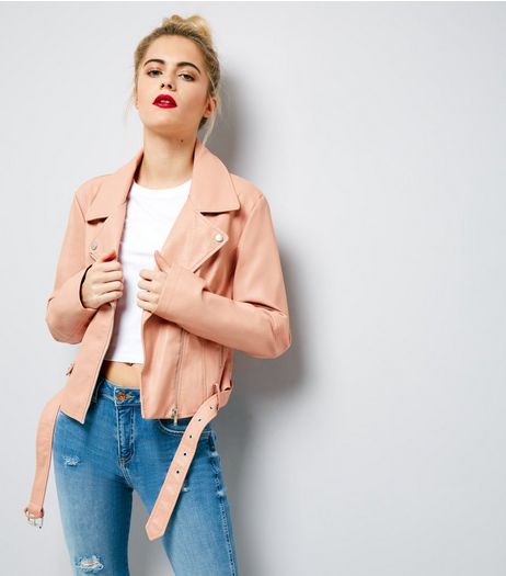 Coral Belted Leather-Look Jacket | New Look
