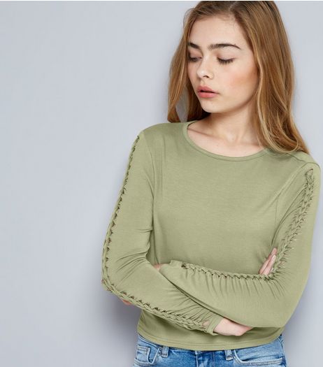 Teens Khaki Plaited Sleeve Top | New Look