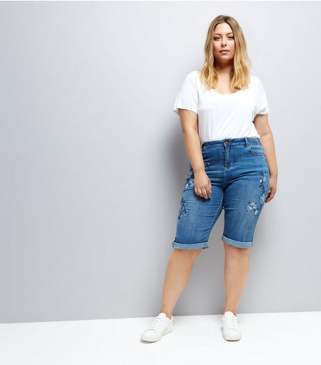 Curves Blue Denim Floral Embroidered Boyfriend Shorts | New Look