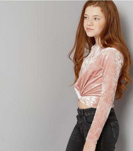 Teens Pink Velvet Long Sleeve Twist Front Crop Top | New Look